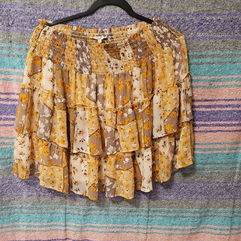 Easel Yellow and Brown Floral Tiered Skirt